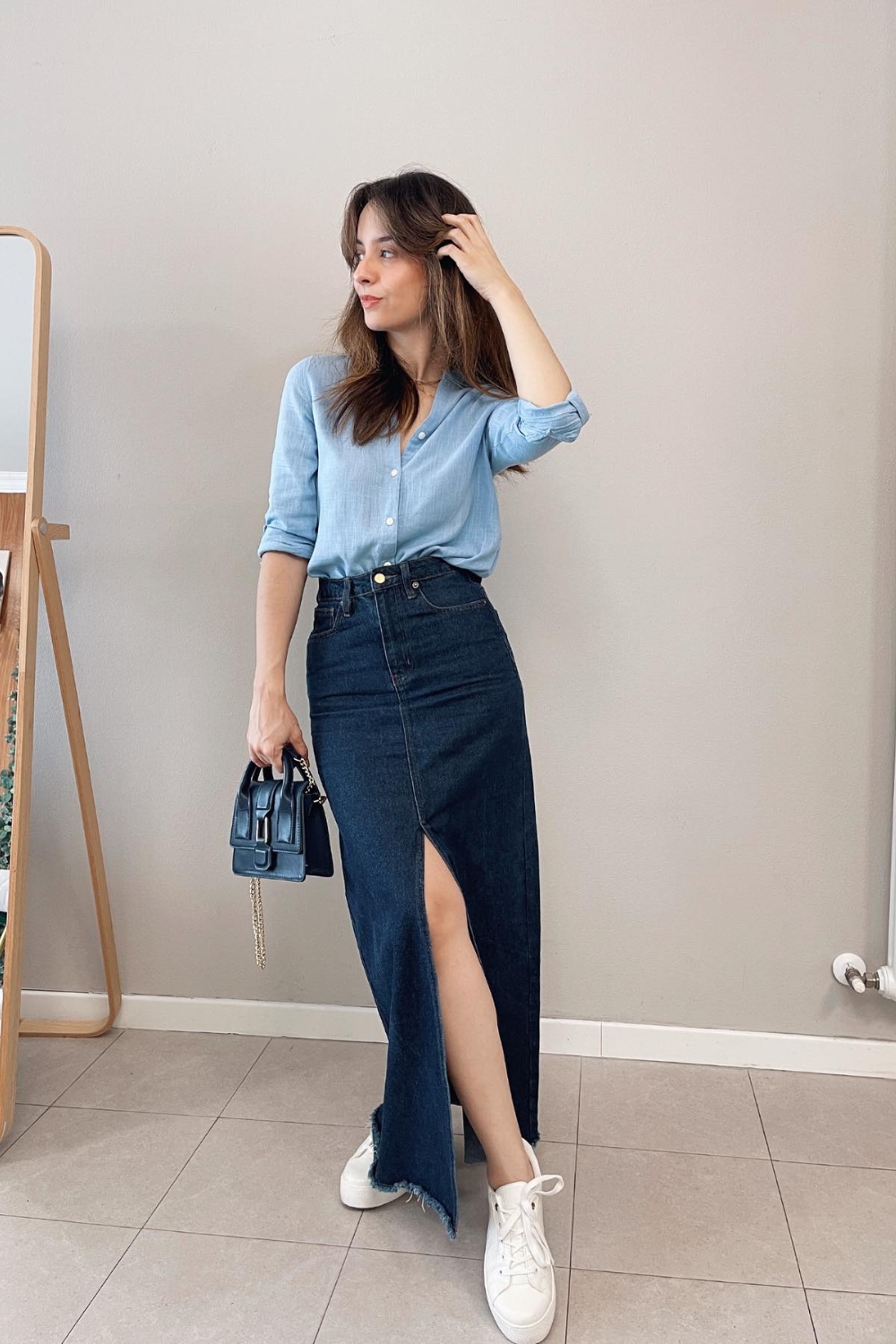 Casual Spring Outfit Ideas - Denim Shirt and Skirt