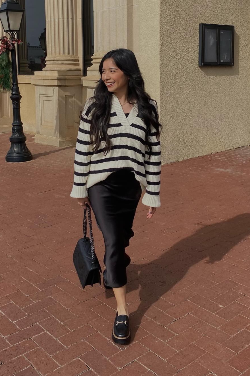 Casual Spring Outfit Ideas - Satin bias skirt with striped sweater