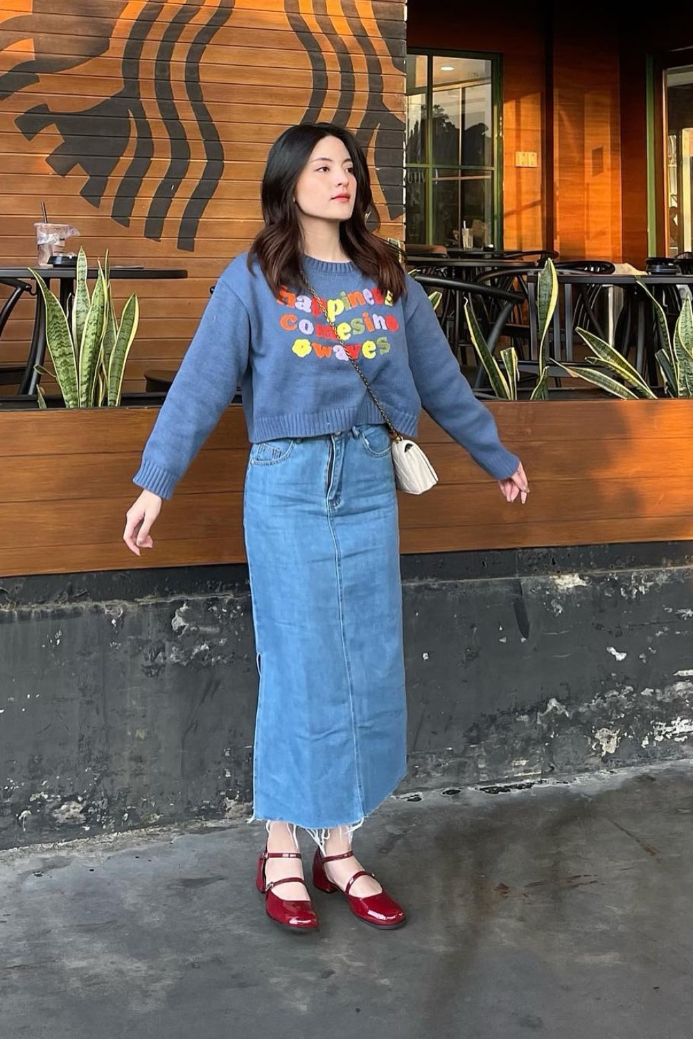 Mary Jane Outfit Idea with Denim Skirt