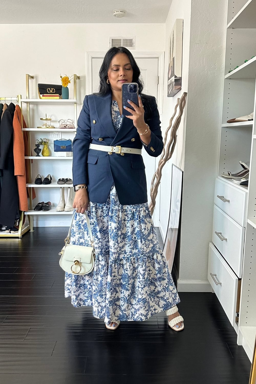 Navy Blazer outfit idea with tiered Maxi dress