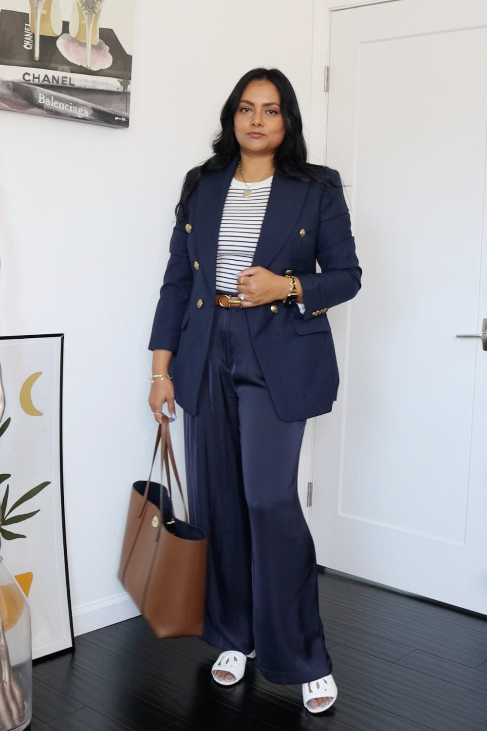 Navy Blazer Outfit Idea with satin pants