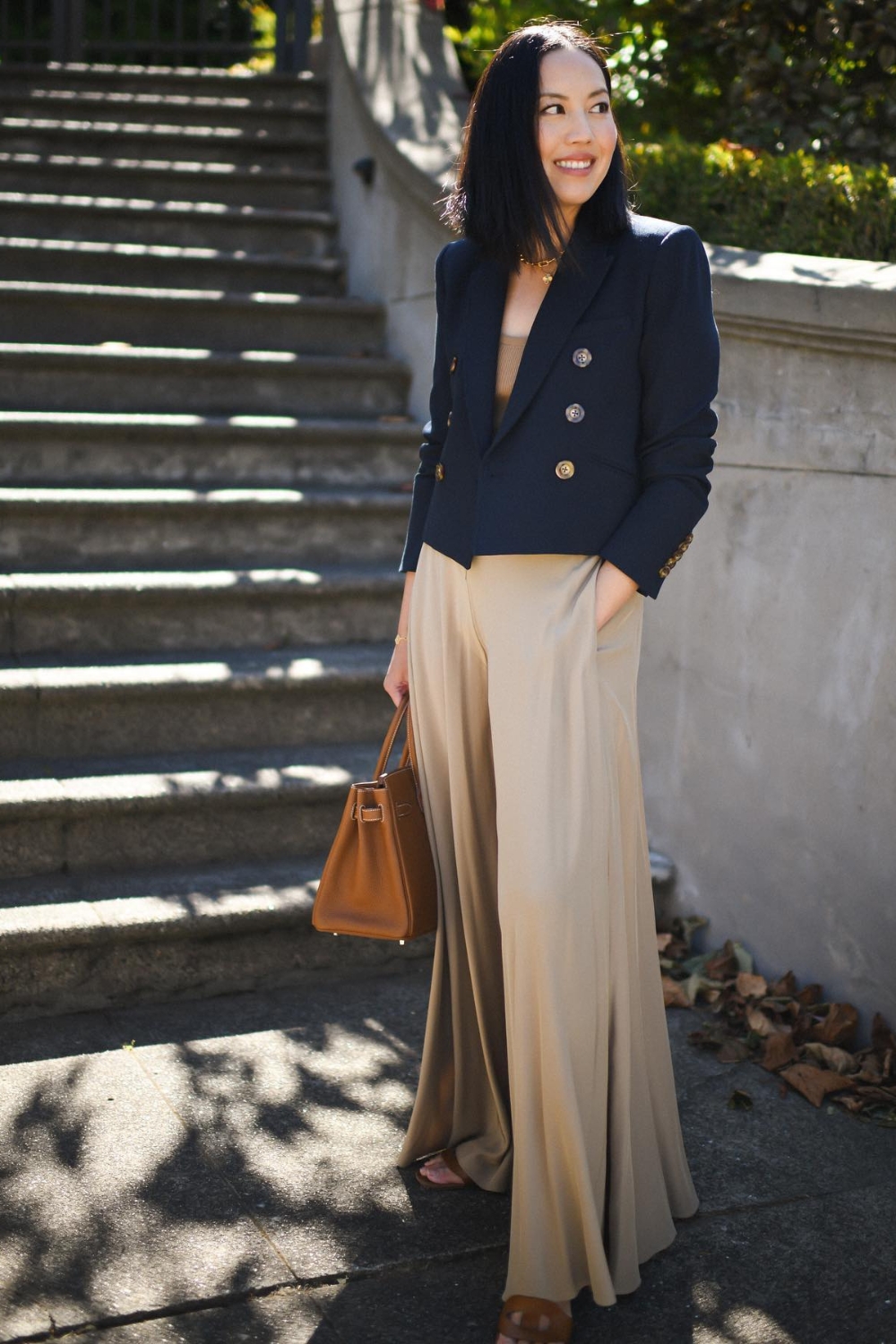 Navy Blazer Outfits with Palazzo Pants