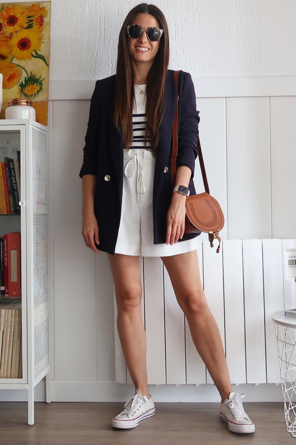 Navy Blazer Outfits with White shirts and sneakers