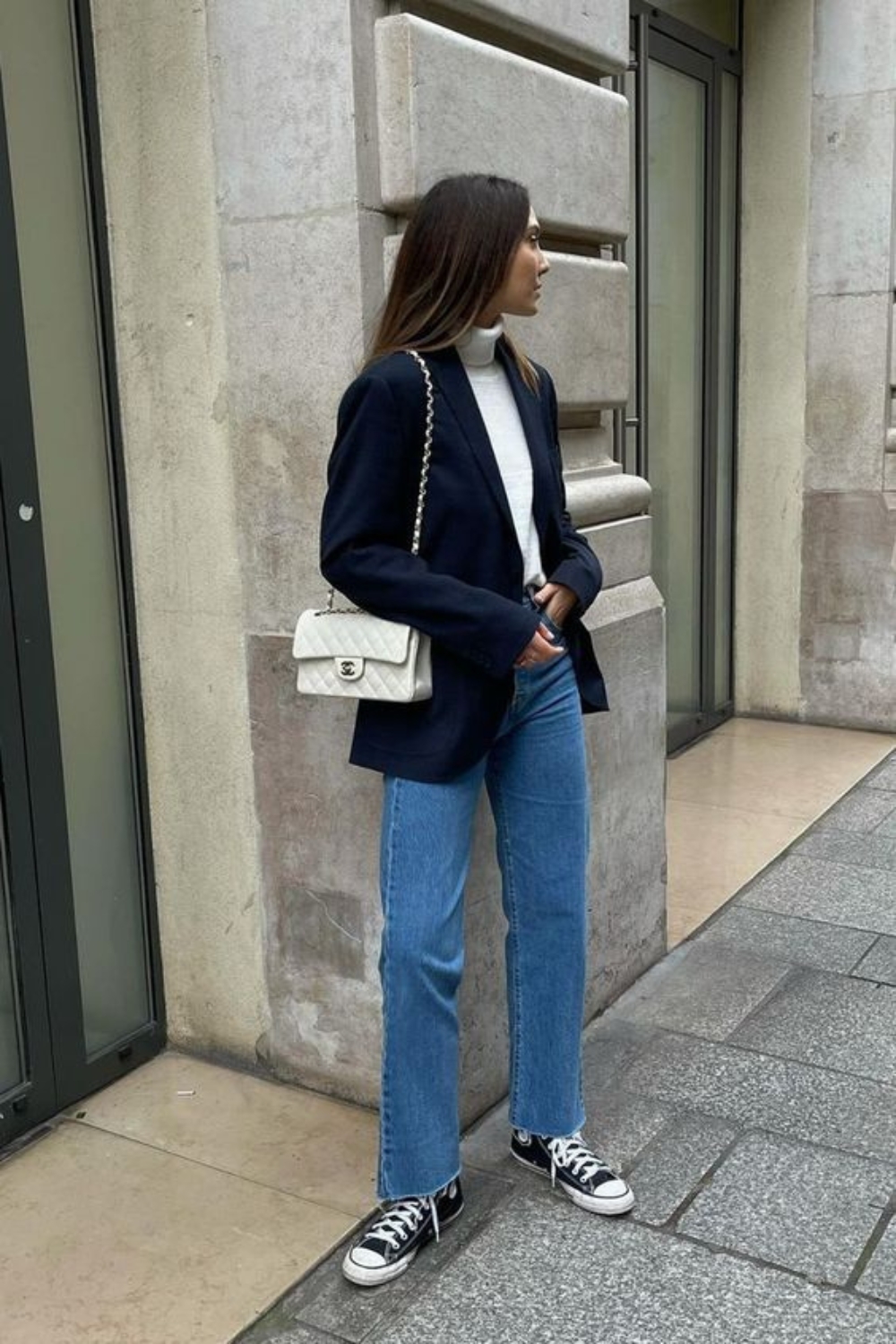 Navy Blazer Outfits with white turtleneck sweater