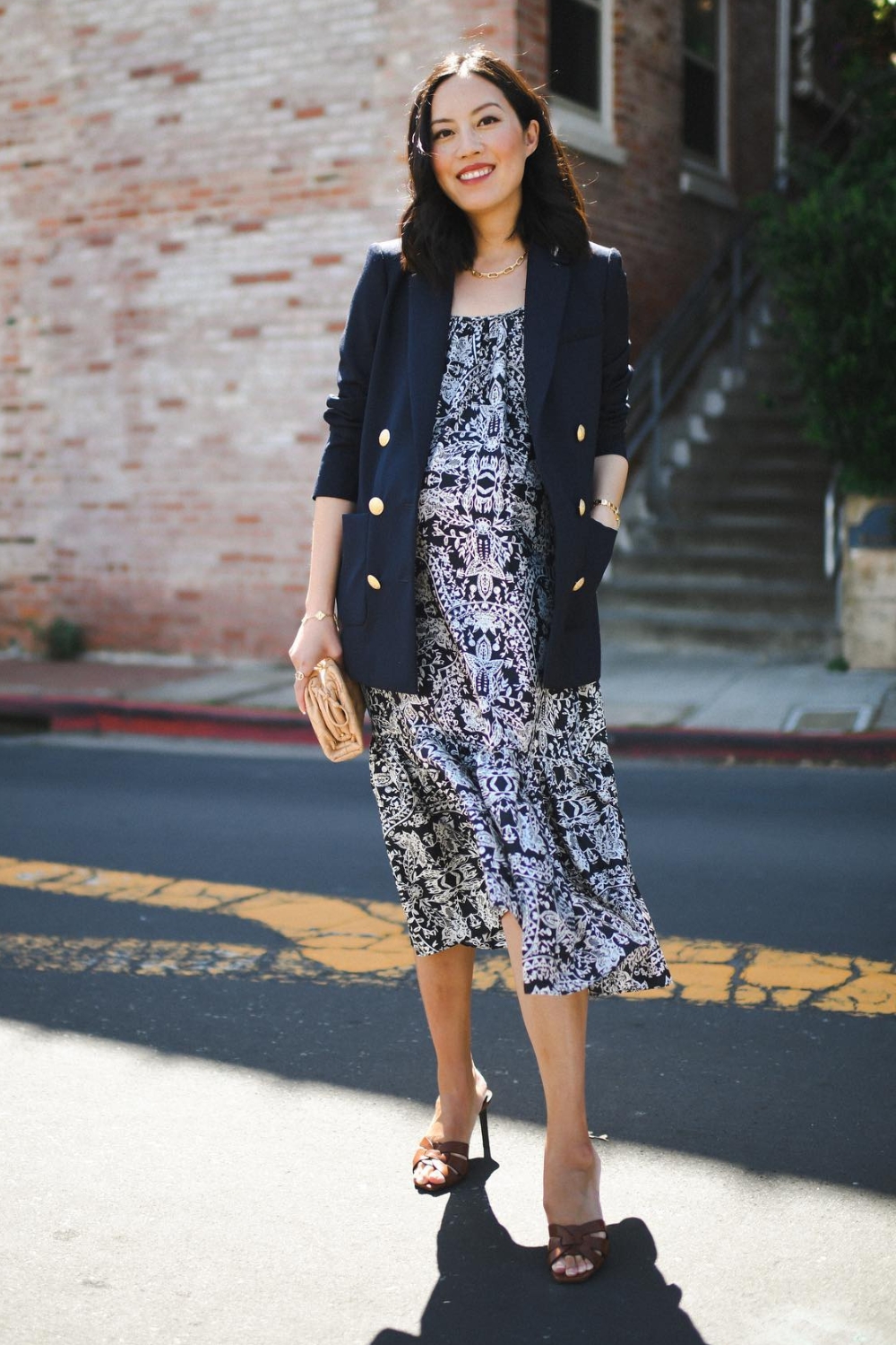 Navy Blazer Outfits with Printed dress