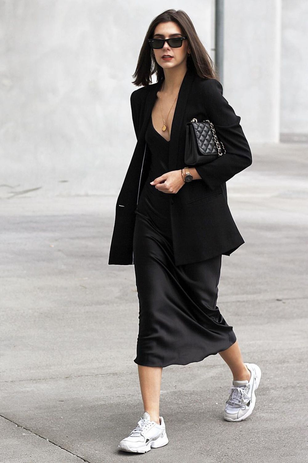 Effortlessly Style a Blazer Casually with a Satin Dress and Sneakers