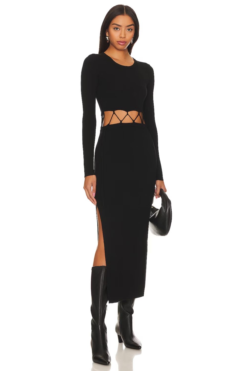 Knit Laced Crew Dress with Cut Outs + Mid Calf Boots