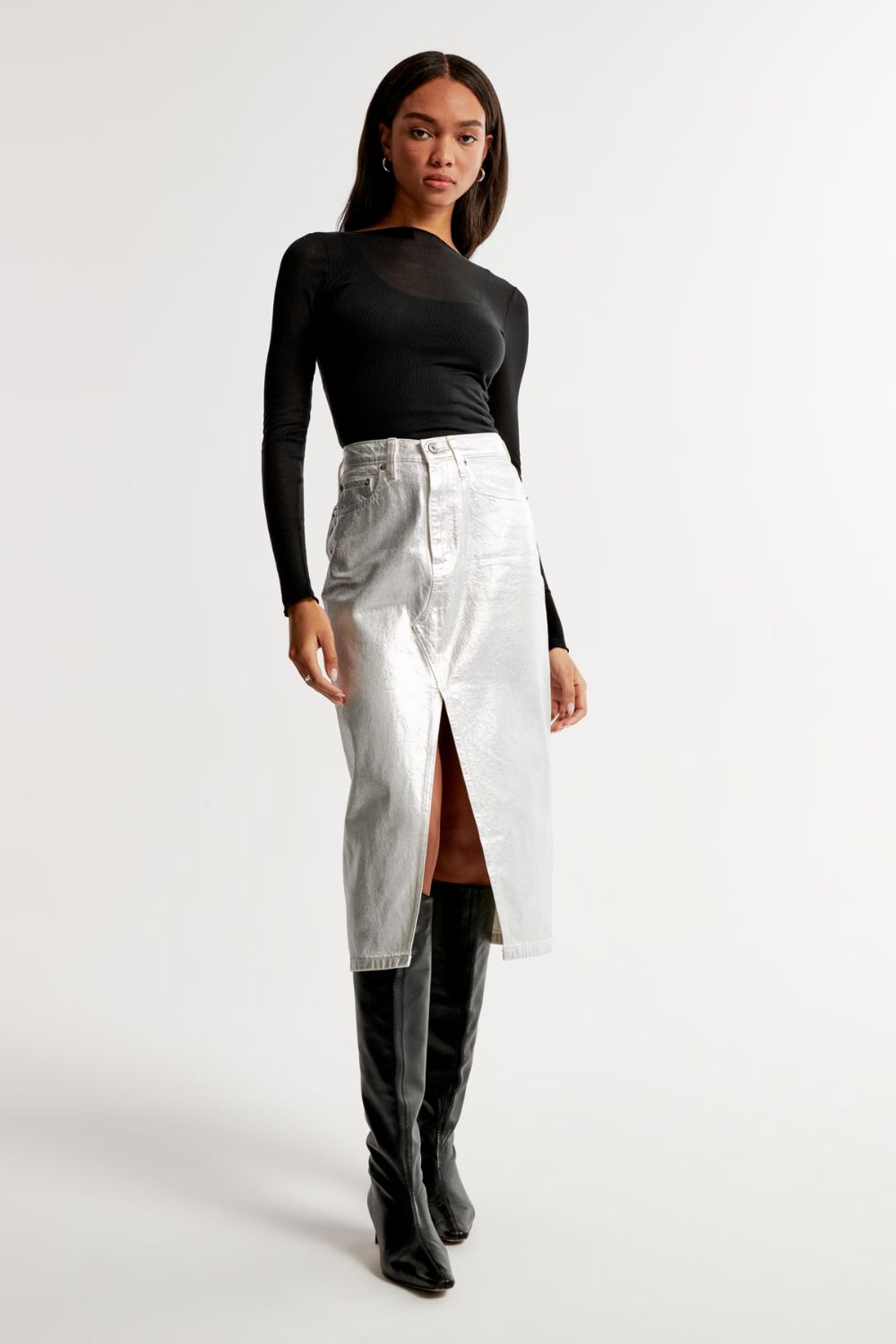 Silver Denim Midi Skirt + Black Long Sleeve Top + Short Heeled Boots