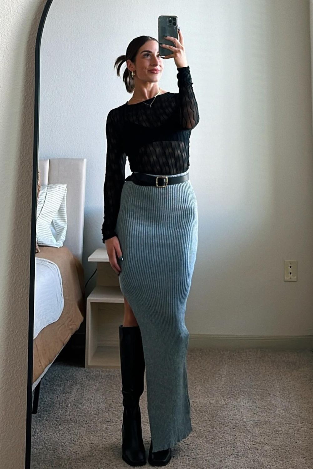 Textured Midi Skirt with High Slit + Black Long Sleeve Top + Knee High Boots