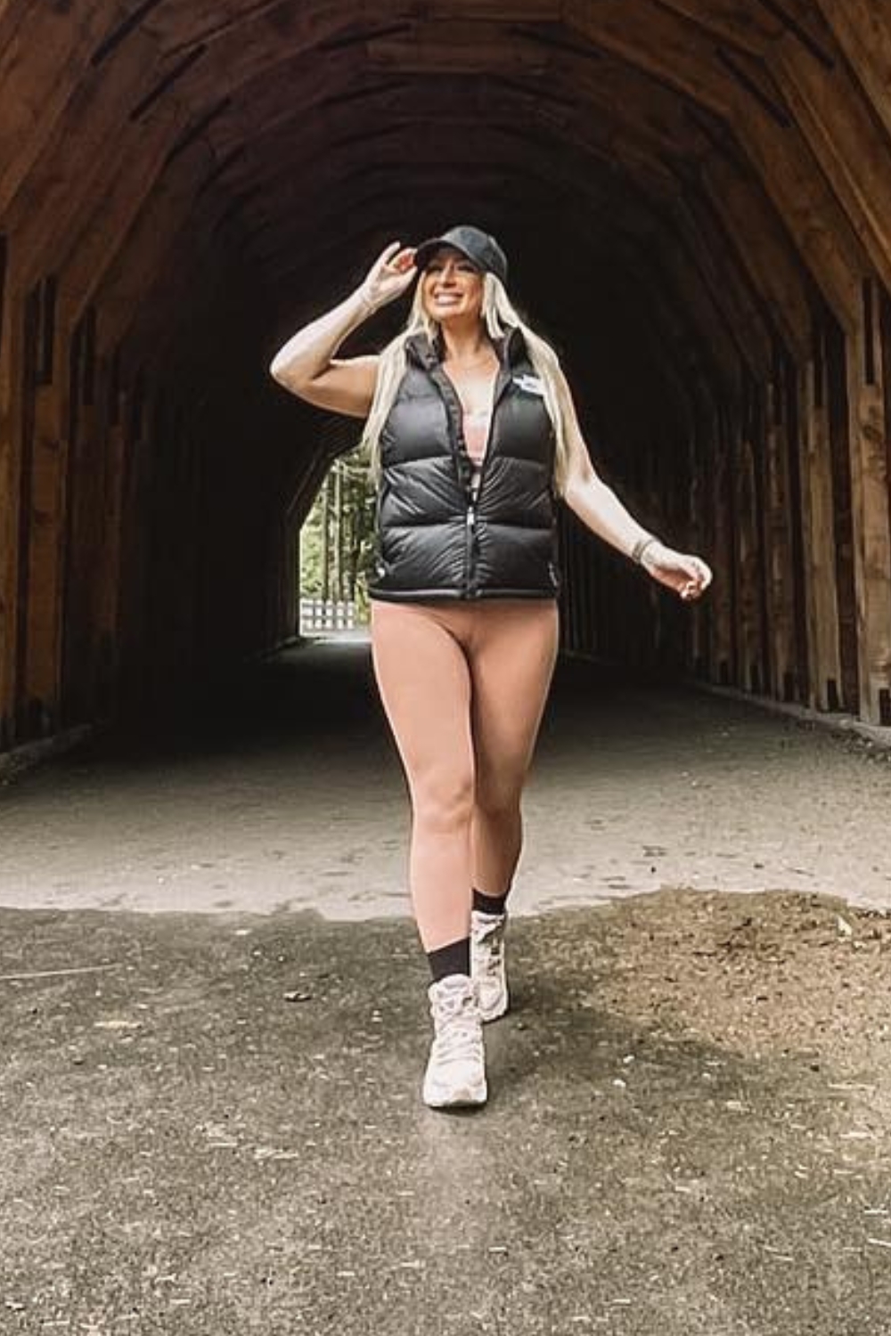 Cute hiking outfit idea with puffer vest