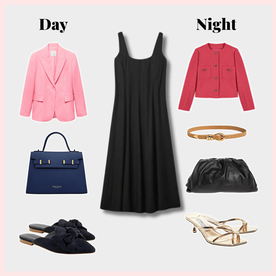 A black dress styled from day to night