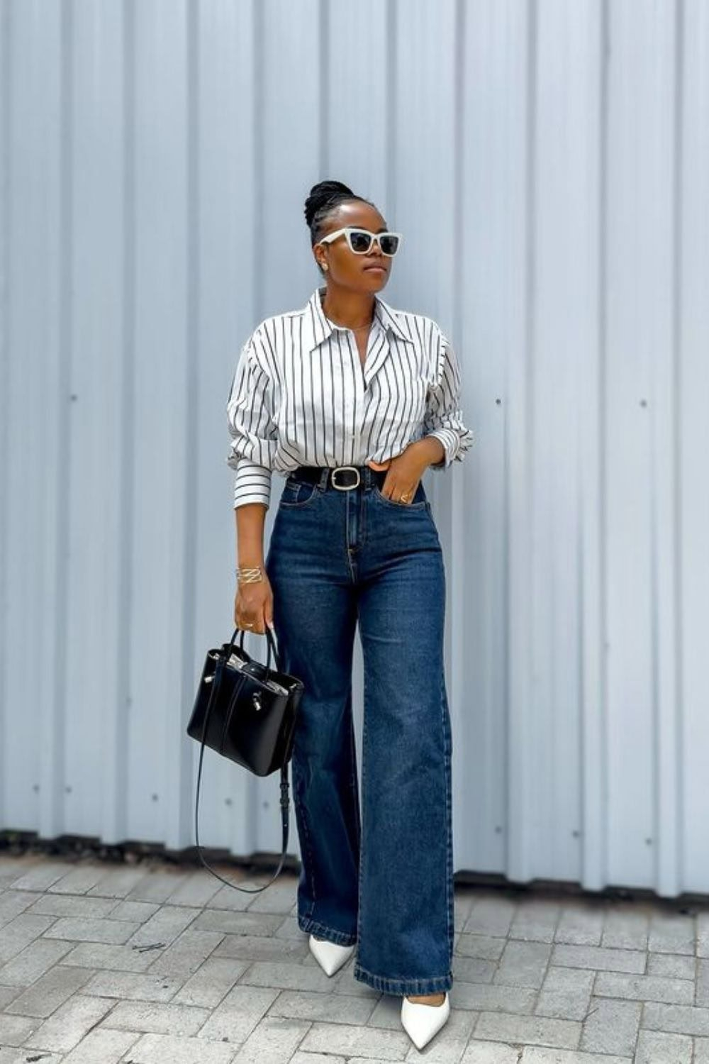 Jeans outfit for work striped button down shirt