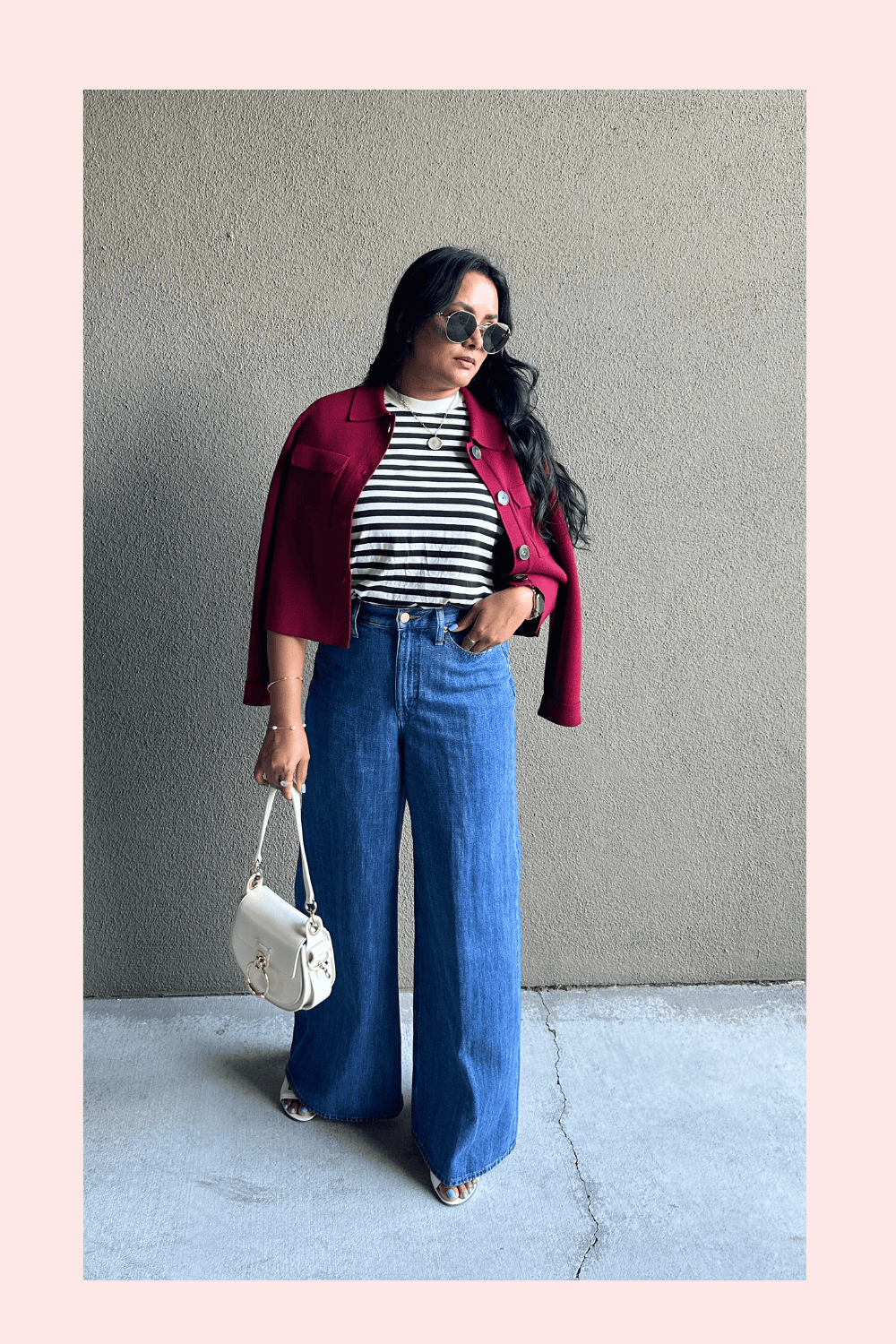 Striped Tshirt with wide leg jeans.