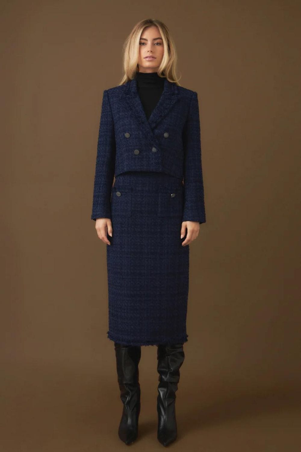 What to wear to opera with Boucle Tweed Double Breast Jacket + Boucle Tweed Midi Skirt