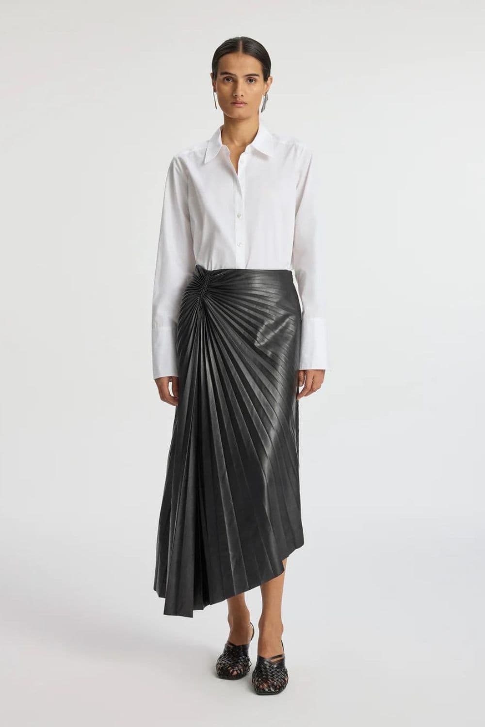 What to wear with Black Leather Skirt with Pleats + Button Up Body Suit