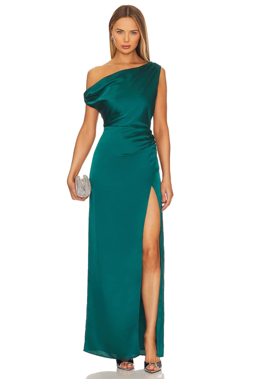 What to wear to opera with Off the Should Satin Dress with High Slit + Heel Sandals + Sparkly Hand Bag
