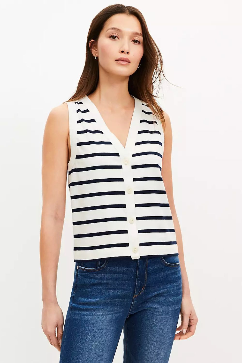 Striped V-Neck Cardigan Tank Top loft-clothing