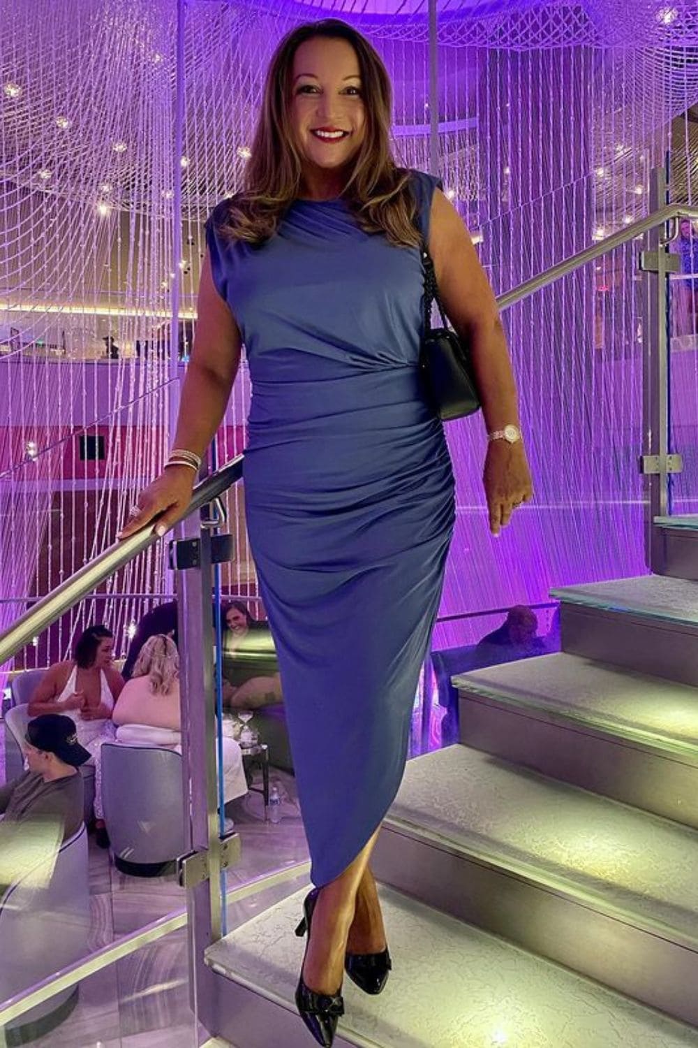what-to-wear-to-vegas-Blue-Midi-Dress-with-Slit-Closed-Toe-Heels