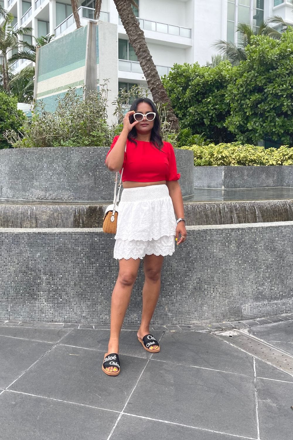 what-to-wear-in-miami-Red-Crop-Top-High-Waisted-Mini-Skirt-Sandals