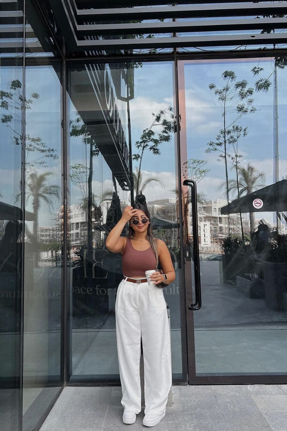 White Wide Leg Pants Outfit With Brown Tank Top