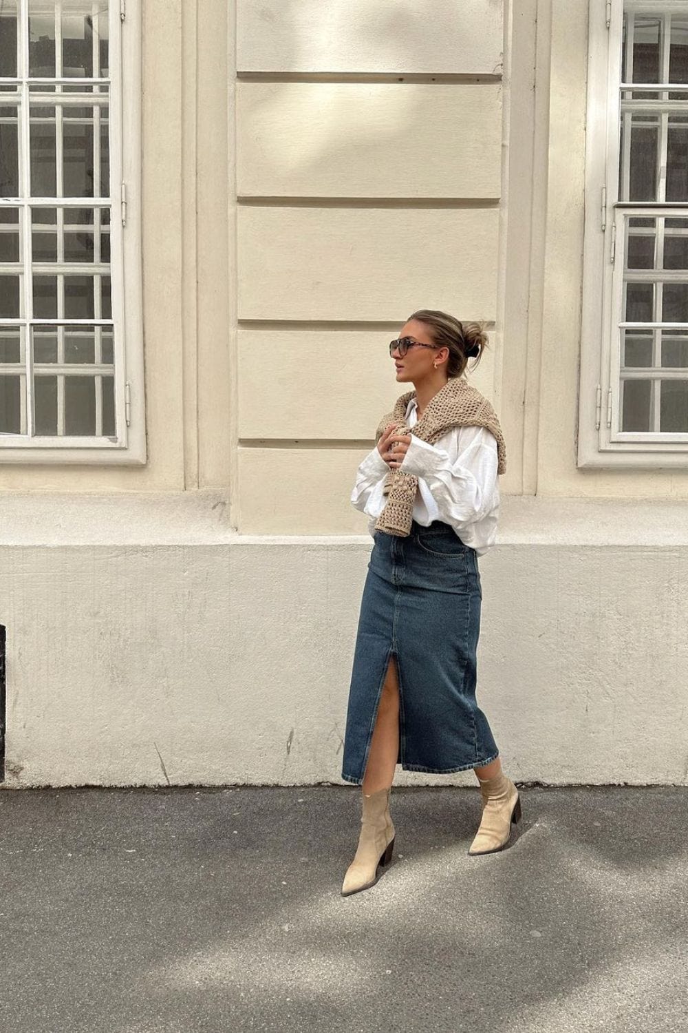 Long Denim Skirt + Button Down Shirt + Nude Ankle Boots